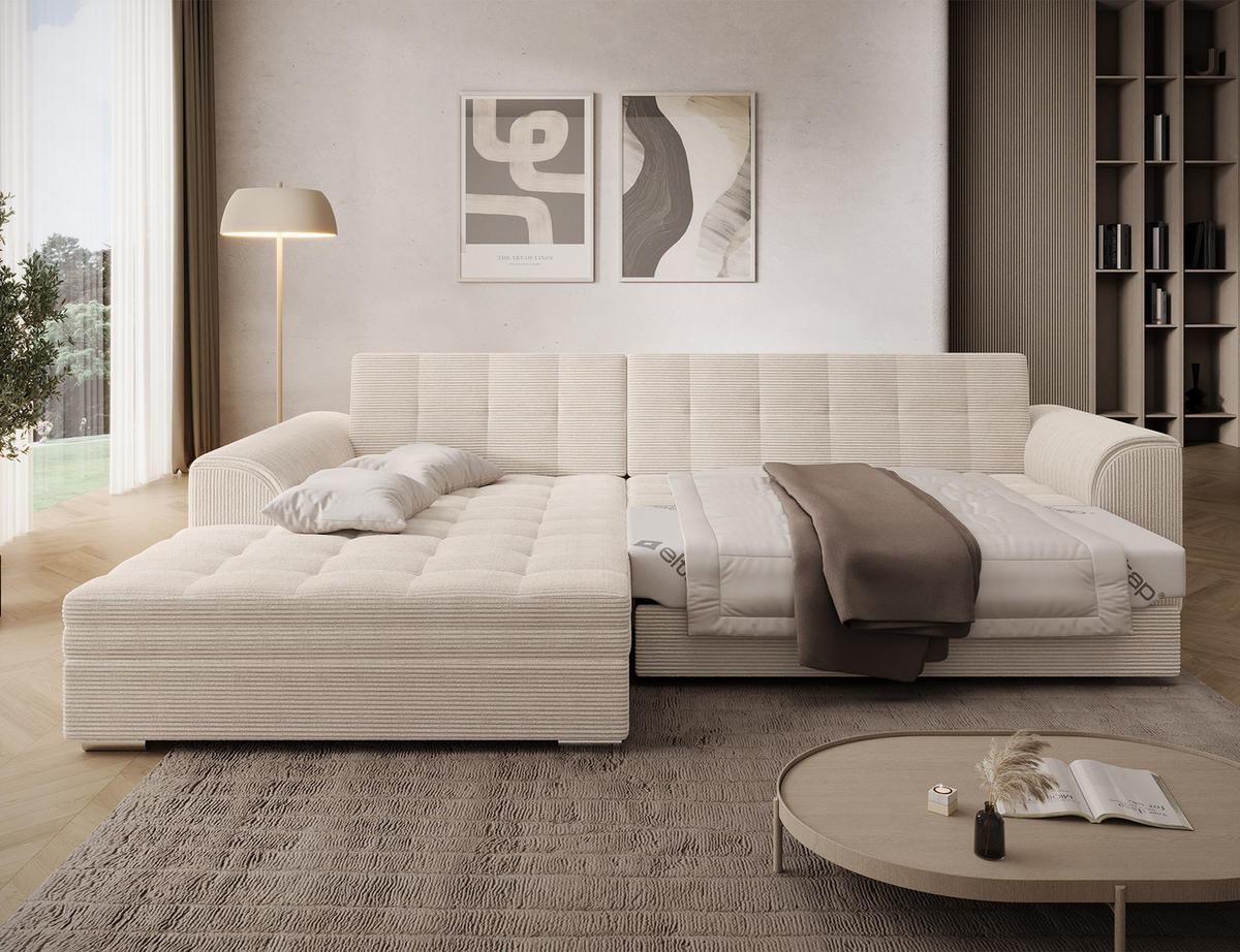 ECKSOFA SORENTO mit Schlaffunktion & Delfin-Mechanismus – Wohnlandschaft in L-Form 296 cm - Beige, Kunststoff (296/78cm) - Wohnideebilder