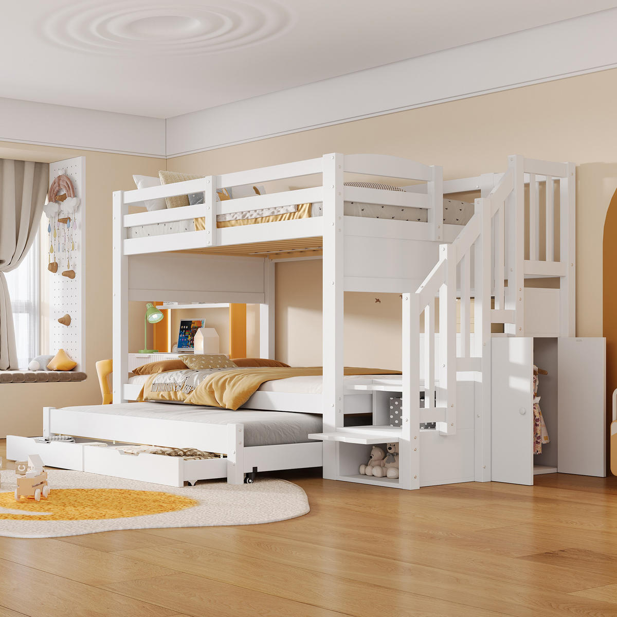 ETAGENBETT 90x200 cm mit mehrstufiger Aufbewahrungstreppe, Weiß - Weiß, Holz (90/200cm) - KOMHTOM