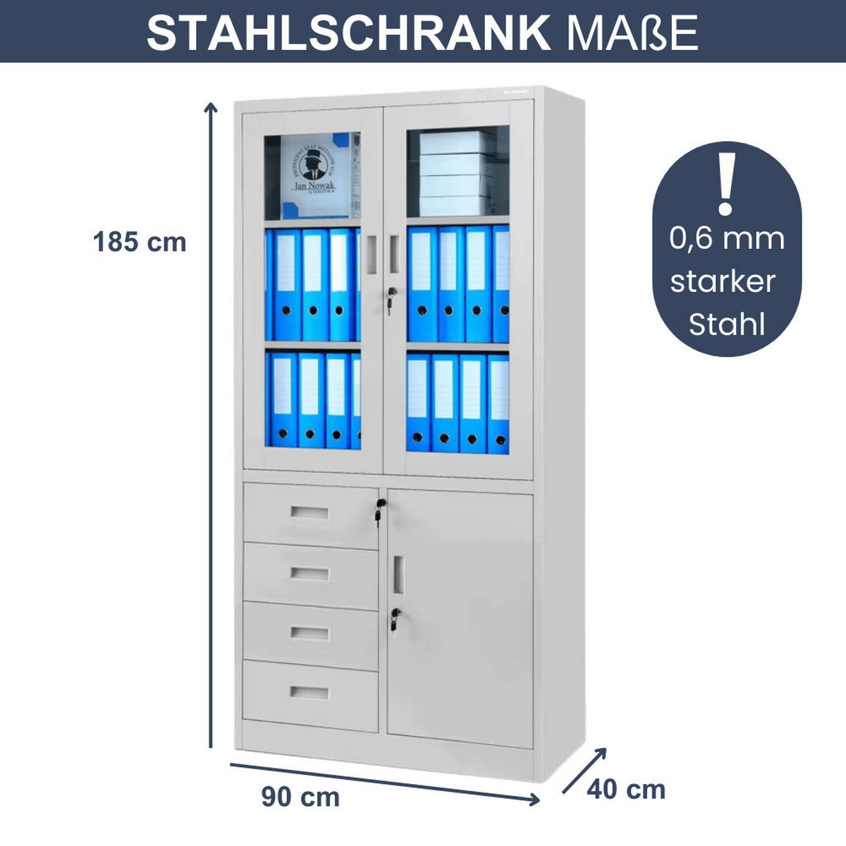 VITRINENSCHRANK abschließbar WIOLA mit Schubladen 185x90x40cm Grau - Grau, Metall (90/185/40cm) - Jan Nowak