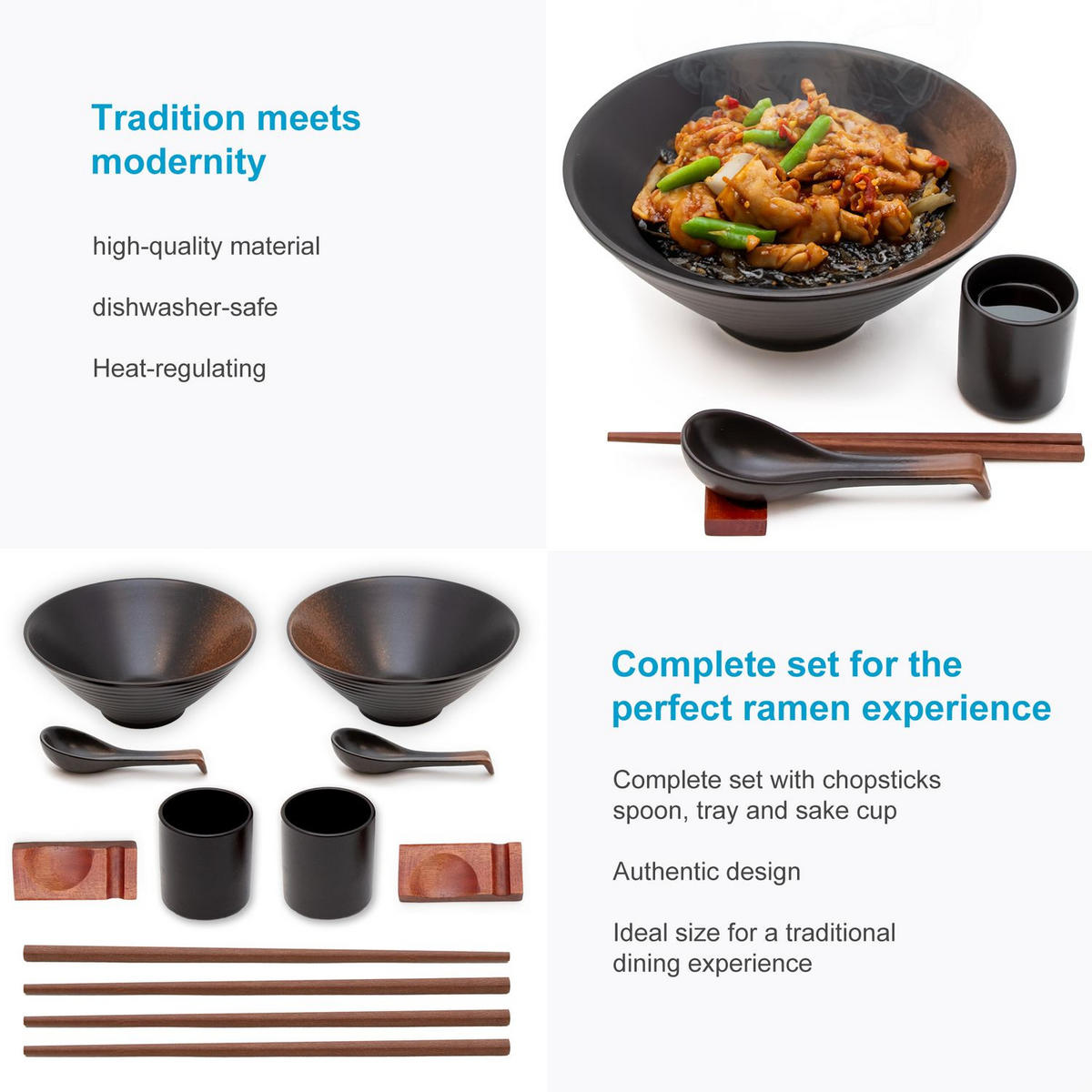 RAMEN SCHÜSSEL SET für 2 Personen aus Keramik - Schwarz, Keramik - Intirilife