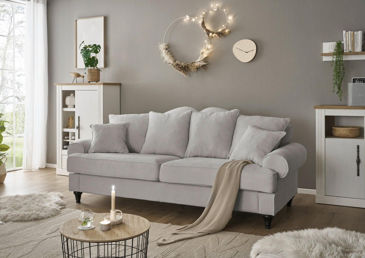 SOFA hellgrau Landhaus, Couch 3,5-Sitzer 230 cm - Hellgrau, Holz/Textil (230/95/100cm) - Furn.Design