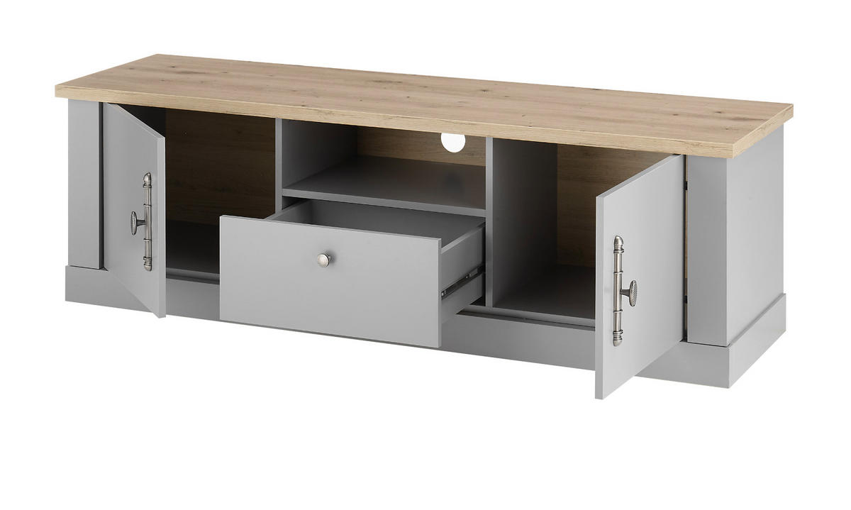 TV-LOWBOARD grau, Artisan Eiche Landhaus 155 cm, TV Unterteil mit viel Stauraum - Silberfarben/Hellgrau, Holzwerkstoff/Metall (155/48/44cm) - Furn.Design