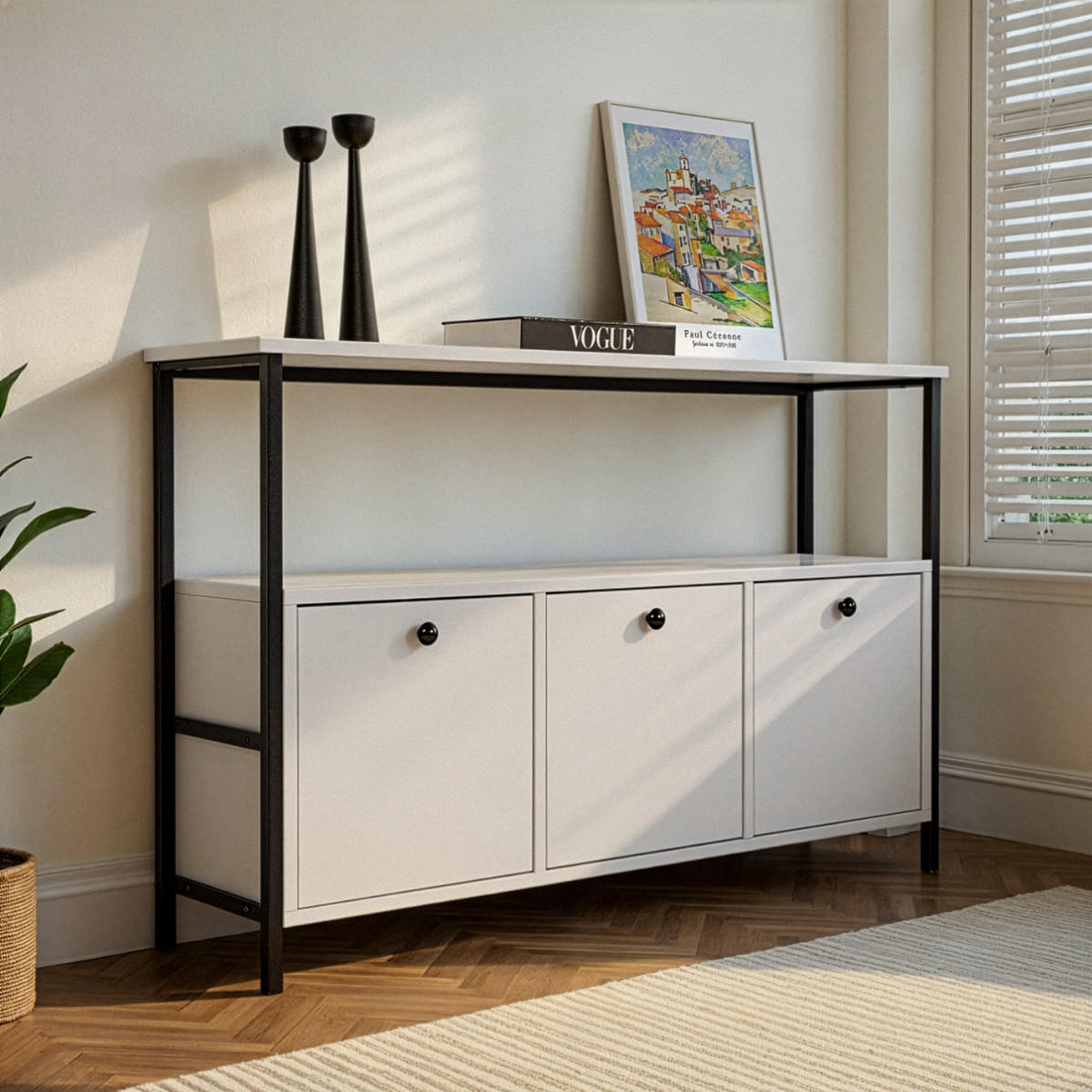 SIDEBOARD mit 3 Türen und 1 oberer Ablagefläche 120/29,5/77 cm - Schwarz/Weiß, Holzwerkstoff (29.5/77/120cm) - Calicosy