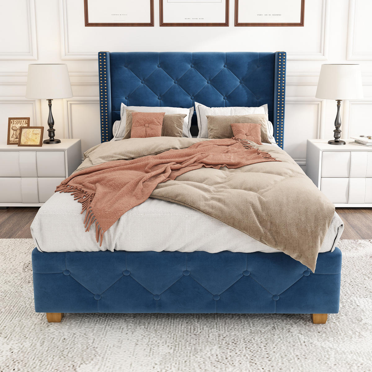 POLSTERBETT 90/200 cm Blau mit Lattenrost und Knopfpolsterung - Blau, Textil (90/200cm) - OKWISH