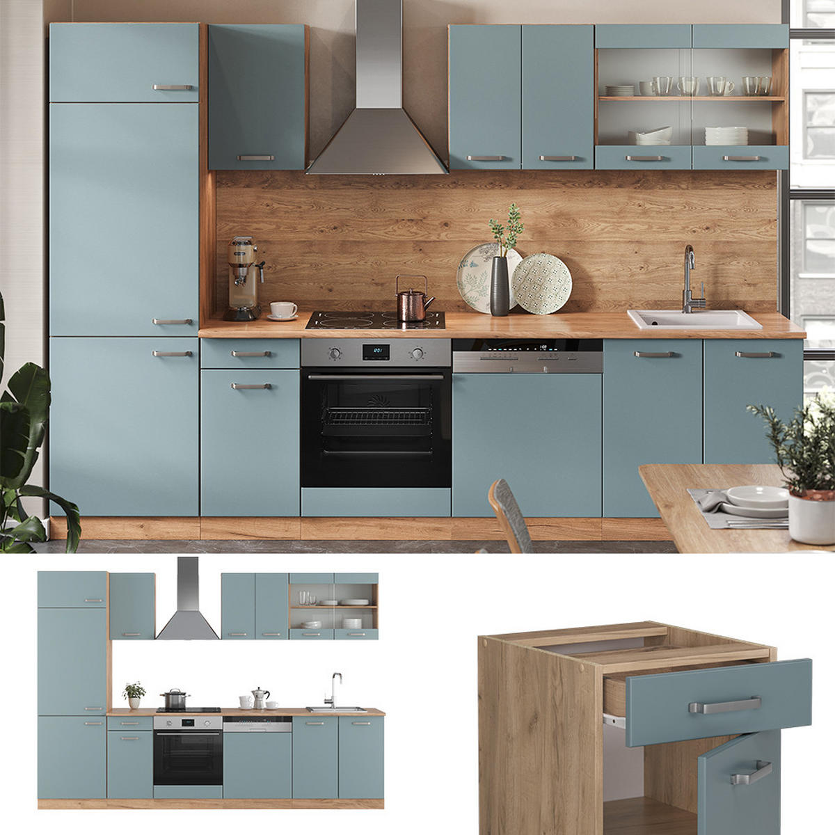 KÜCHENZEILE R-Line Blau-Grau/Goldkraft Eiche 300 cm, AP Anthrazit - Eiche Wotan/Blaugrau, Holzwerkstoff (300/81.6/60cm) - Vicco
