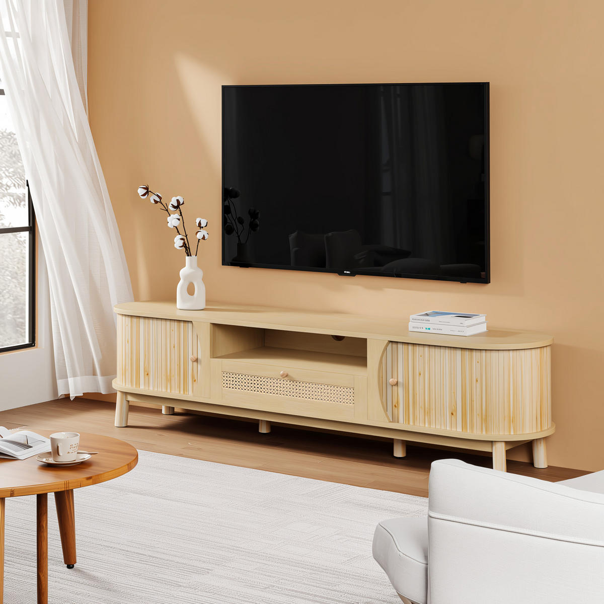 TV-SCHRANK 165 cm Natur MDF mit Rattan-Schublade, Schiebetüren & Stauraum - Naturfarben, Holzwerkstoff (165/46/37cm) - Urban Meuble