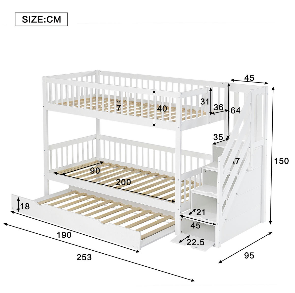 ETAGENBETT 90/200 cm aus Kiefer und MDF mit Rollbett, Leiterschrank und Rundum-Fallschutz, Weiß - Weiß, Holz (90/200cm) - Redom