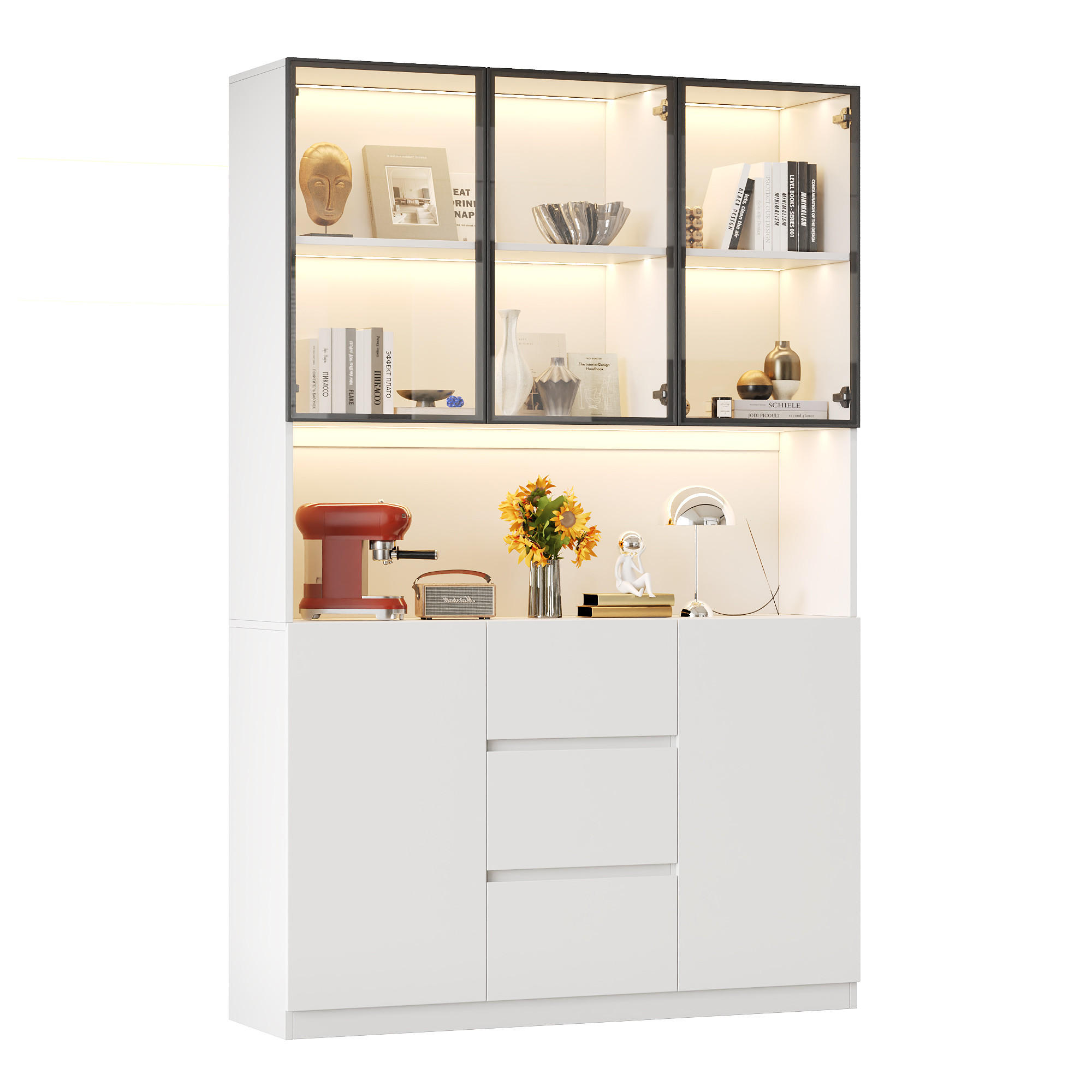 VITRINE LED 200cm 3 Schubladen 2 Türen Weiß - Weiß, Holzwerkstoff (120/200/40cm) - FLIEKS