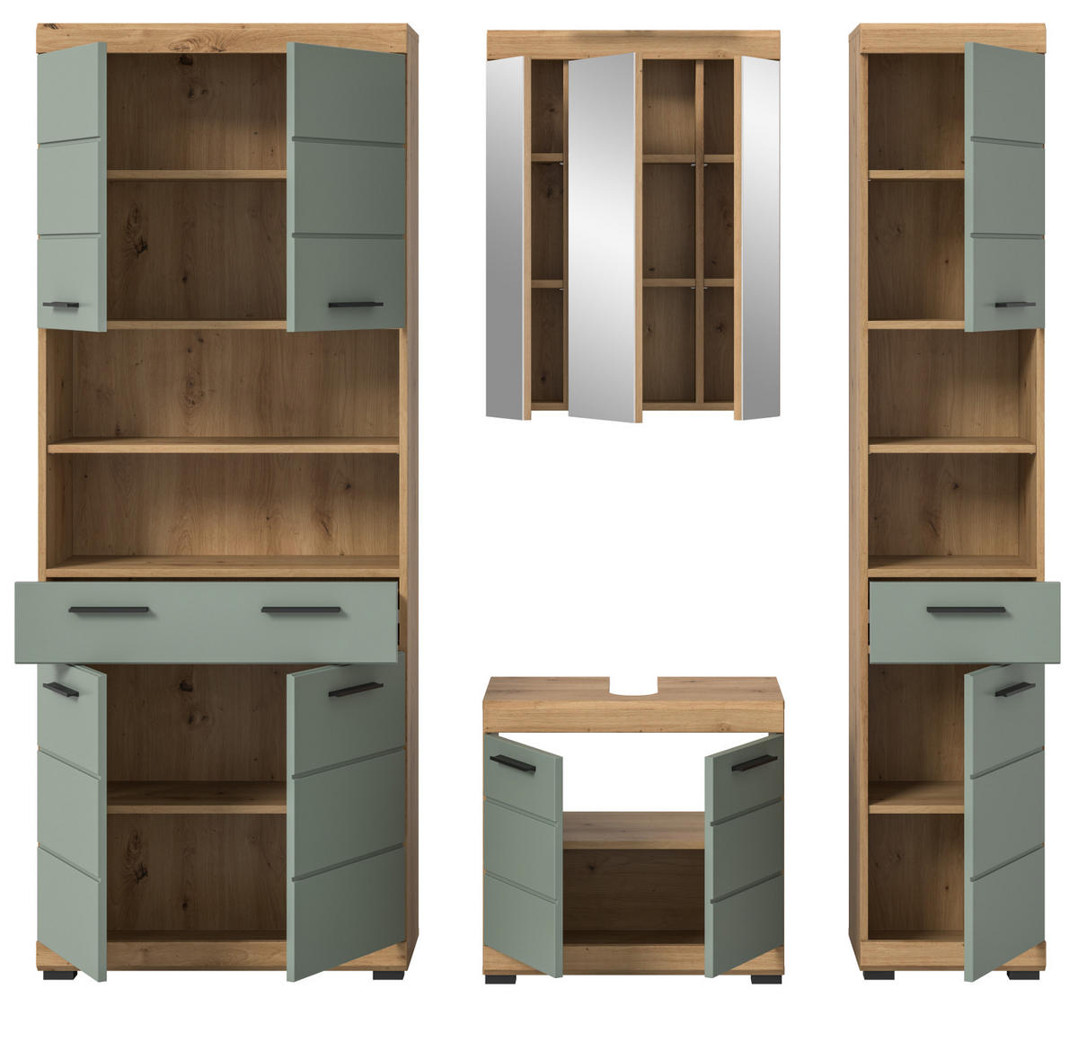 BADMÖBEL-SET Salbei grün, Eiche Artisan 4-teilig 200 cm, Komplettset mit viel Stauraum - Salbeigrün/Schwarz, Glas/Holzwerkstoff (186/191/34cm) - Inn.Furn