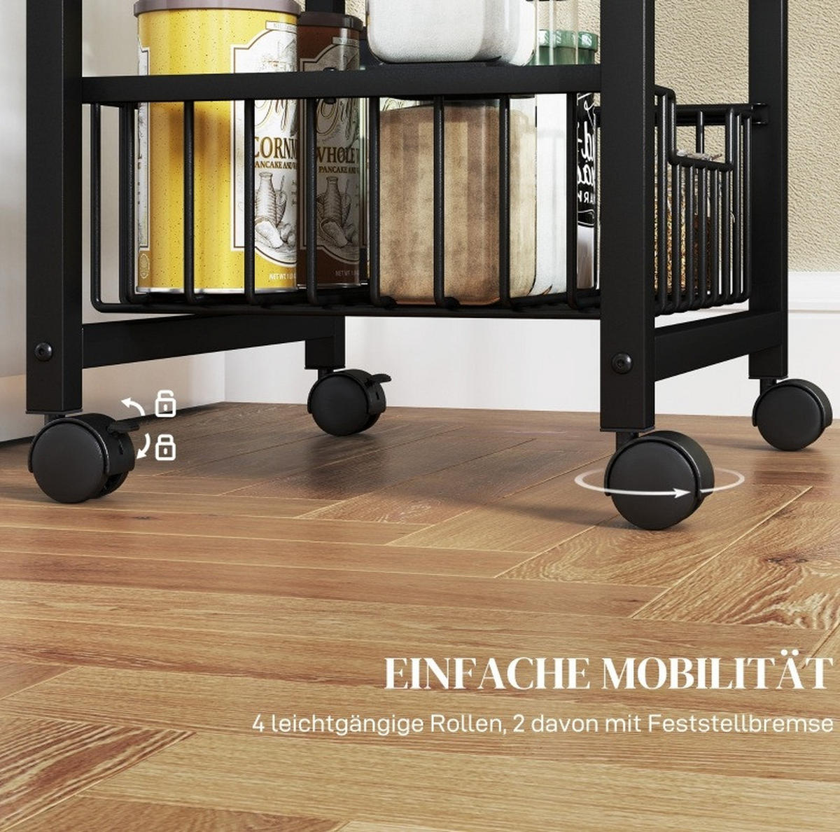 KÜCHENWOLLWAGEN 49.5x31x69cm Schwarz aus Stahl mit 3 herausziehbaren Körben & 4 Rollen - Schwarz, Holz (31/69/49.5cm) - Modfu