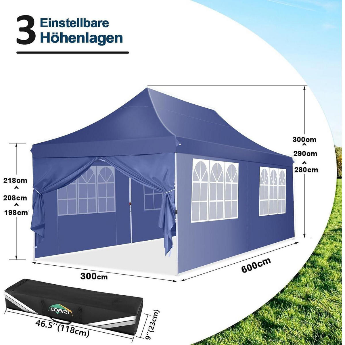 FALTPAVILLON 3x6m Wasserdicht Dunkelblau - Blau, Textil (300/300/600cm)