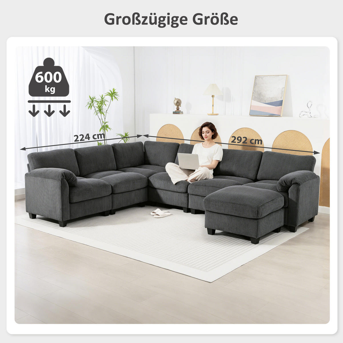 ECKSOFA U-FORM DE-06612 Sofa mit Federpolsterung, beweglicher Ottomane, Cord Dunkelgrau - Dunkelgrau, Holz/Textil (224/292cm) - ComfortXL