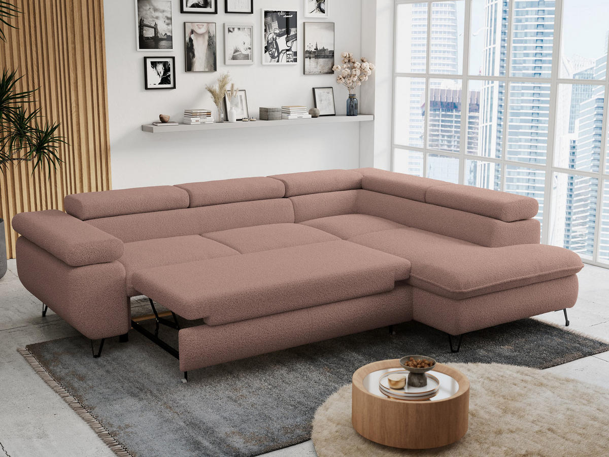 ECKSOFA PETER L Rosa Boucle - Rechts Seite - Schwarz/Rosa, Textil/Metall (273/208cm) - MKS