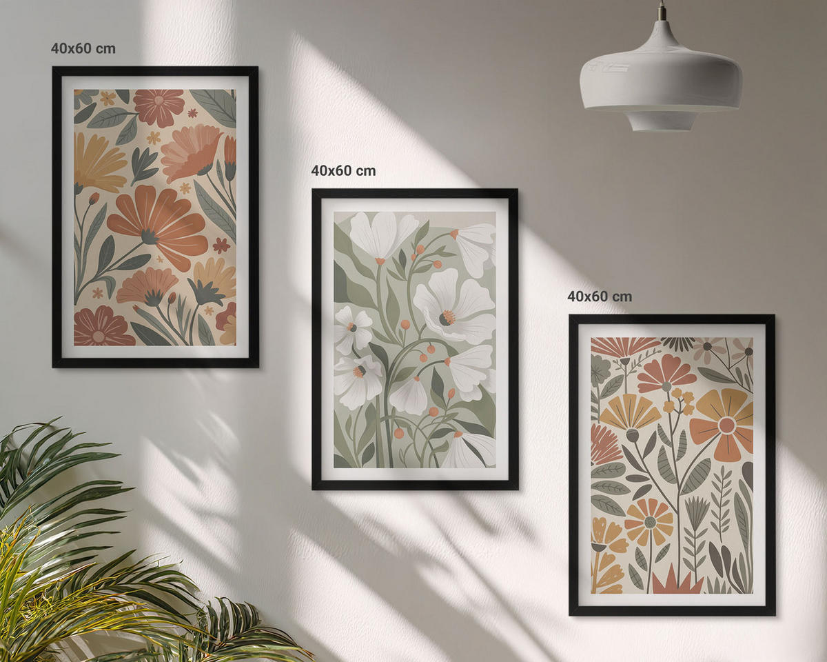 BILDER SET 3er Set - 40x60 cm Schwarzer Rahmen - Blumenmuster in Orange und Grün - Schwarz, Kunststoff (40/60cm) - TULUP