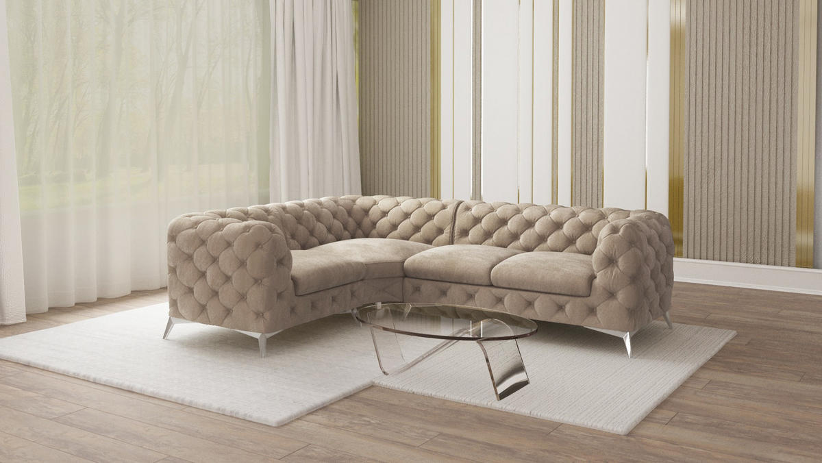 ECKSOFA Chesterfield Laura Dunkle Creme Samt, Ottomane Links - Silberfarben/Creme, Holz/Textil (264/204cm) - S-Style Möbel
