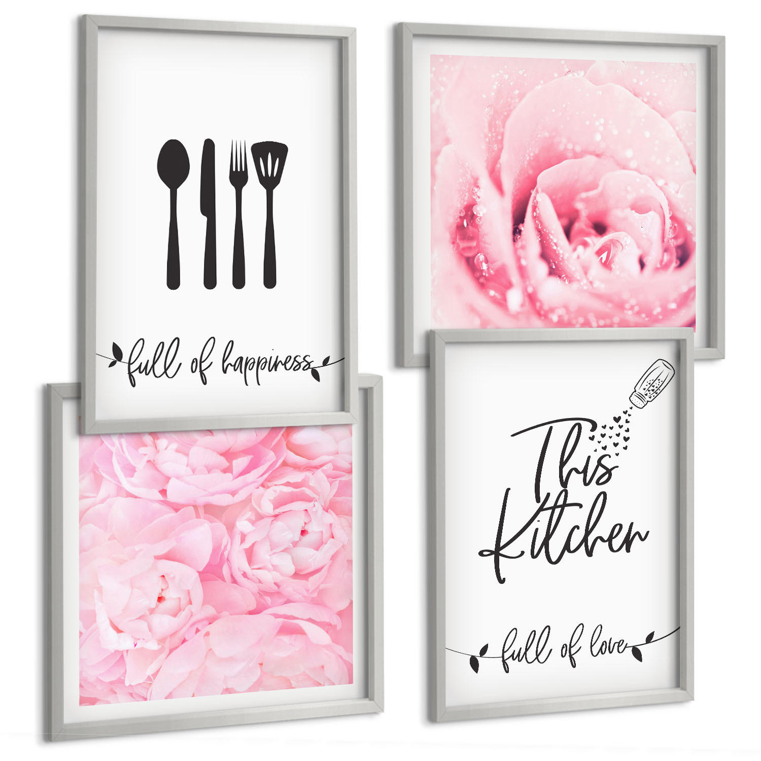 BILDER SET 4er Set - 50x50 cm & 40x60 cm Silberner Rahmen - Zarte Rosenblüten für die Küche - Silberfarben, Kunststoff (50/50cm) - TULUP