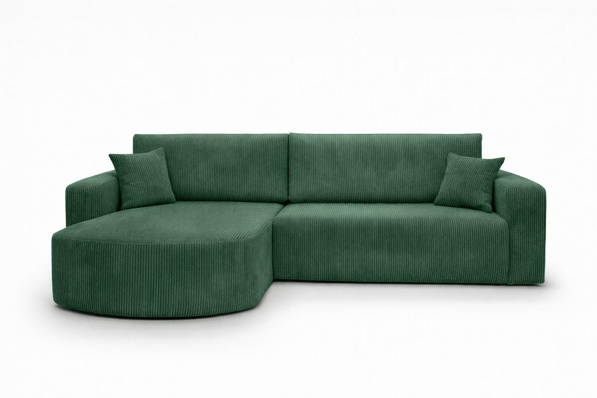 ROHOVÁ SEDAČKA s funkcí spaní, manšestrová tkanina Poso, Zelená, Levá strana, ROUND ONE XL - zelená barva, dřevo (271/175cm) - Kaiser Möbel