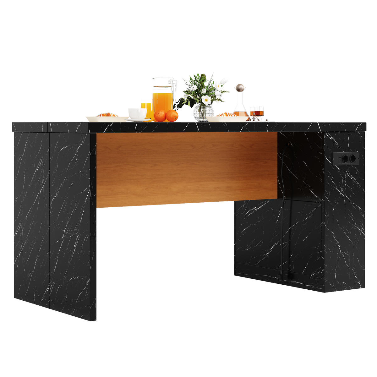 KÜCHENINSEL 90 cm MDF Schwarz Natur mit LED-Beleuchtung und USB-Steckdose - Schwarz, Holzwerkstoff (80/90/155cm) - Korfee