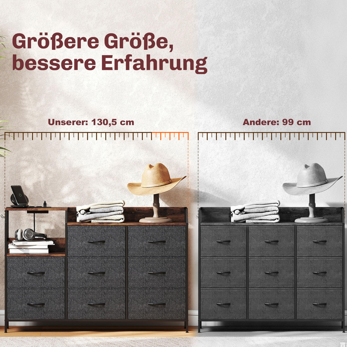KOMMODE DE-08513 8 Stoffschubladen mit Ladestation Schwarz - Schwarz, Metall (130.5/88/30cm) - ComfortXL