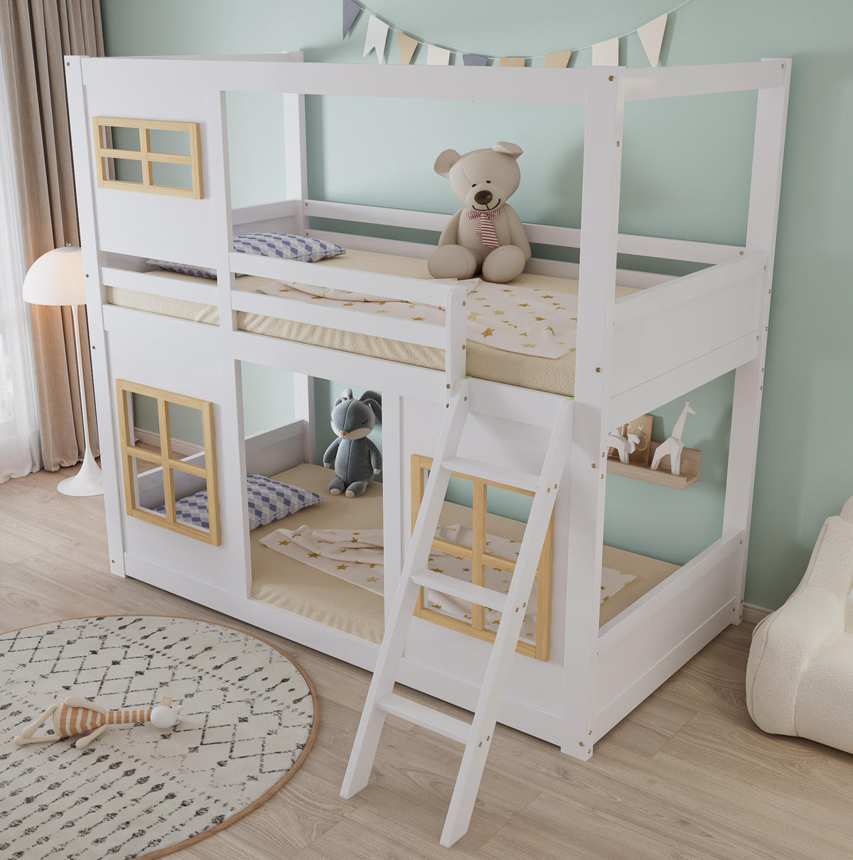 ETAGENBETT 90/200 cm weiß und natur aus Kiefer mit Fenstern - Weiß, Holz (90/200cm) - OKWISH