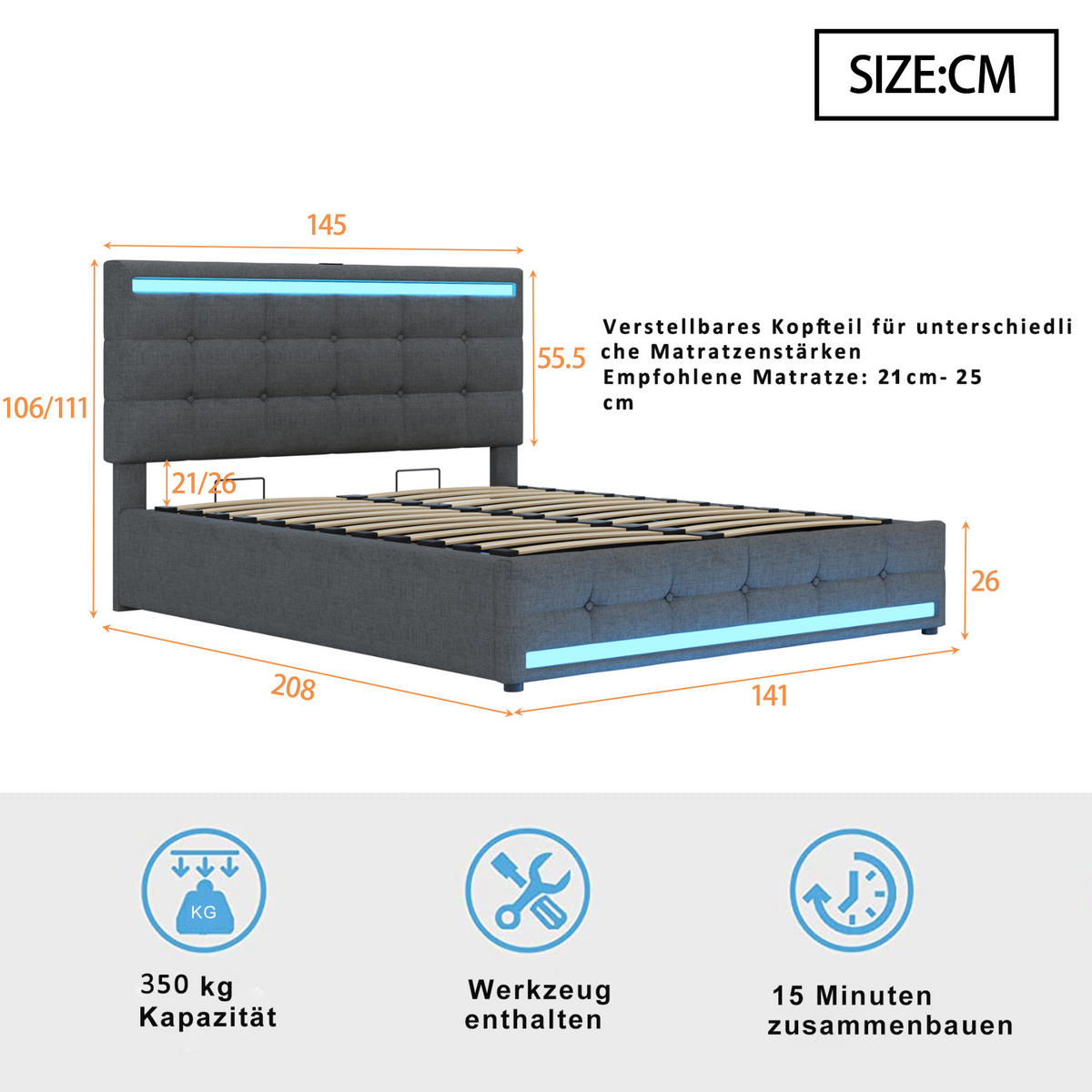 POLSTERBETT 140/200 cm grau mit LED-Beleuchtung und Stauraum - Grau, Textil (140/200cm) - OKWISH