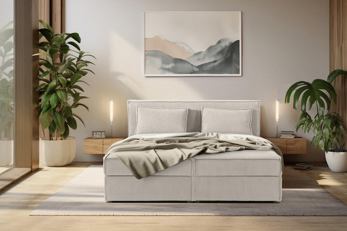 BOXSPRINGBETT ROTI mit Stauraum, cremefarben - Creme/Schwarz, Holz/Holzwerkstoff (160/200cm) - KONSIMO®