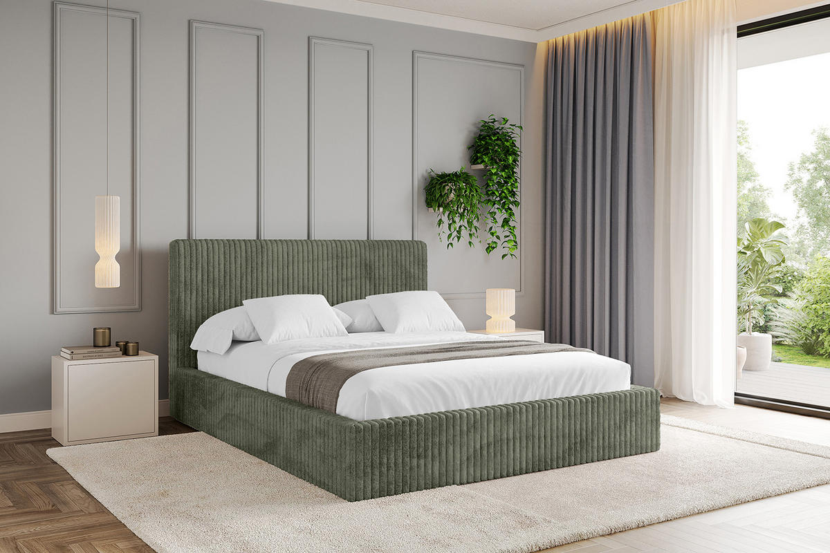 POLSTERBETT mit Bettkasten und Lattenrost, Boxbett ohne Matratze - ALOVA-V1 - Olivgrün, Holzwerkstoff/Textil (180/200cm) - ALTDECOR