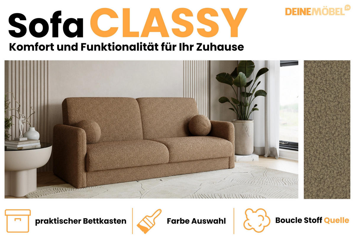 SOFA CLASSY 214cm breit in Boucle Dunkelbeige - Beige, Holz/Holzwerkstoff (214/93/100cm) - Deine Möbel 24