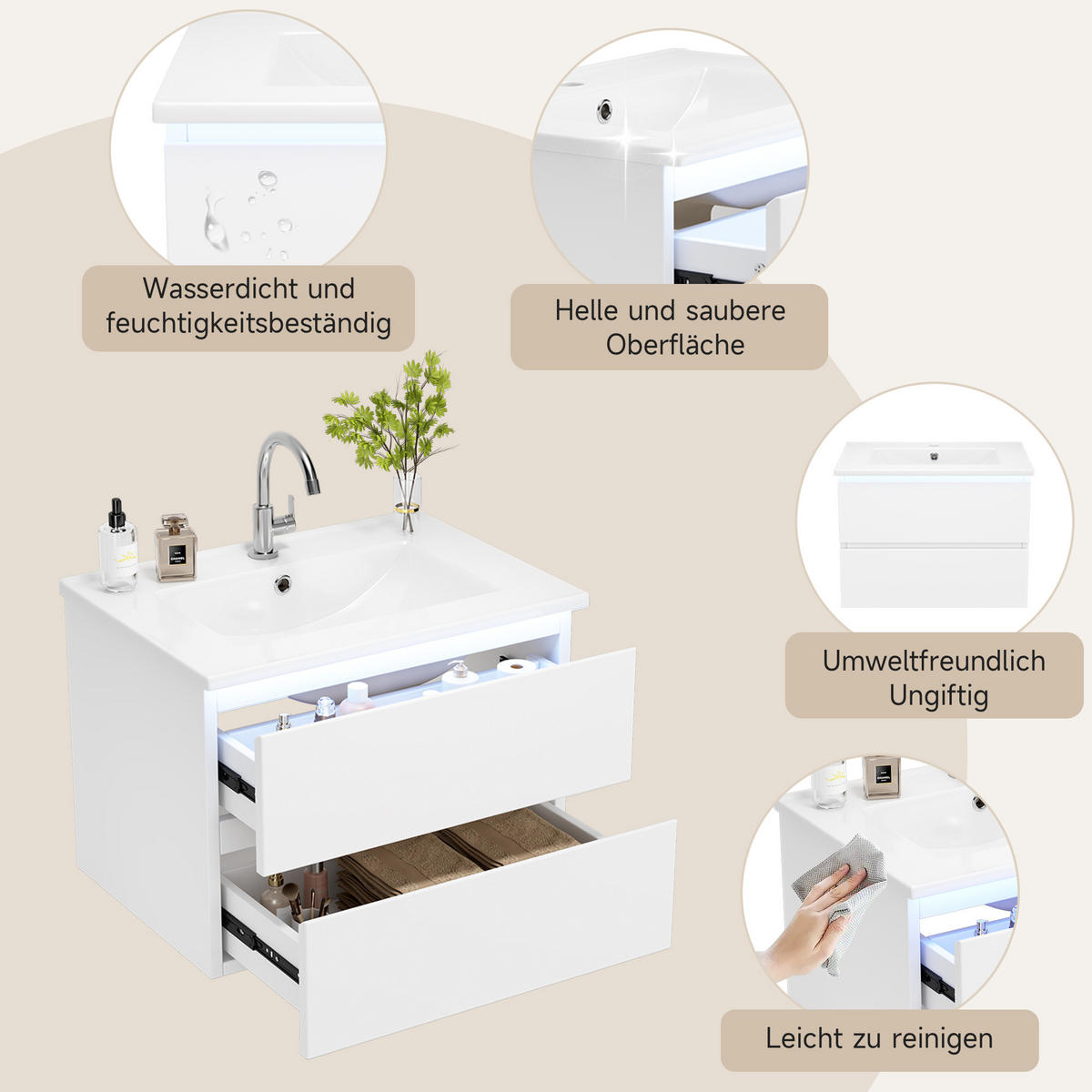 WASCHTISCH 61×46×45 cm, weiß, wandhängend, lackiert, mit LED-Radarsensor, 2 Schubladen, leisen Schienen und integriertem Waschbecken - Weiß, Holzwerkstoff (46/45/61cm) - Ej. Life