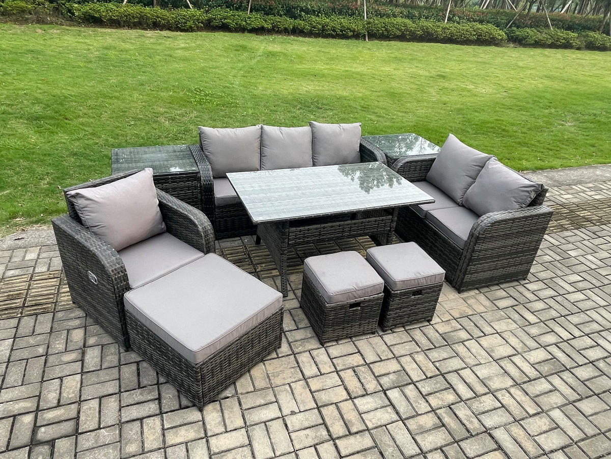 GARTENTISCHGRUPPE mit Liegestuhl,Hocker,Beistelltischen Polyrattan 9-Sitzer - Dunkelgrau/Grau, Glas/Kunststoff - Fimous