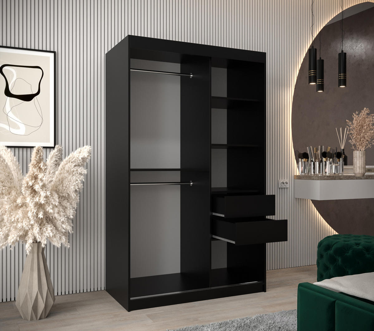 SCHIEBETÜRENSCHRANK - Kleiderschrank MALTESE 120 Schwarz + schubladen - Schwarz, Holzwerkstoff (120/200/62cm) - Möblo