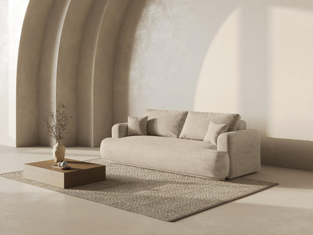 SOFA ausklappbar mit Bettkasten Ella aus Samt leichtes beige 3 Sitzplätze - Creme, Textil (271/94/108cm) - Micadoni