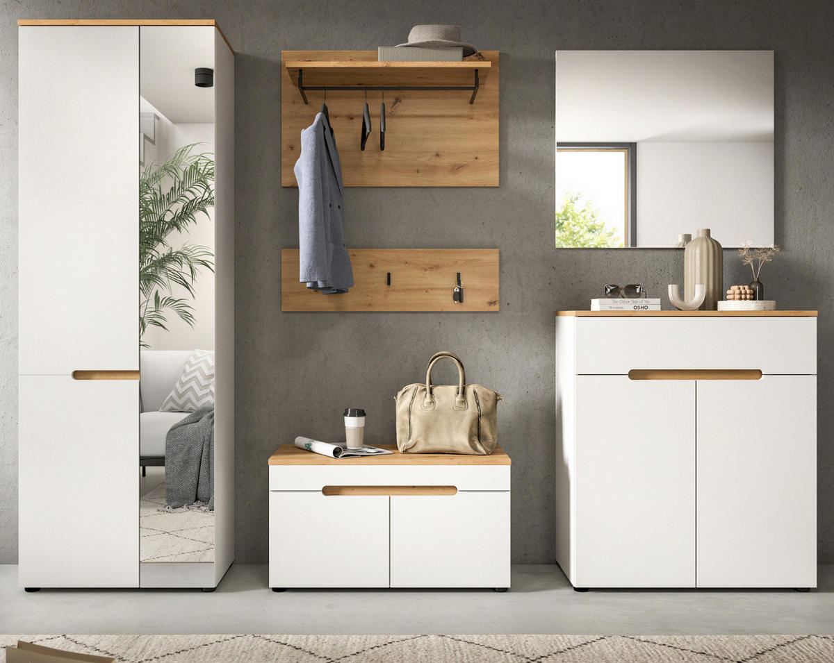 GARDEROBEN-SET weiß, Eiche Artisan 6-teilig, Komplett-Set mit Soft-Close - Weiß, Glas/Holzwerkstoff (255/190/37cm) - Inn.Furn