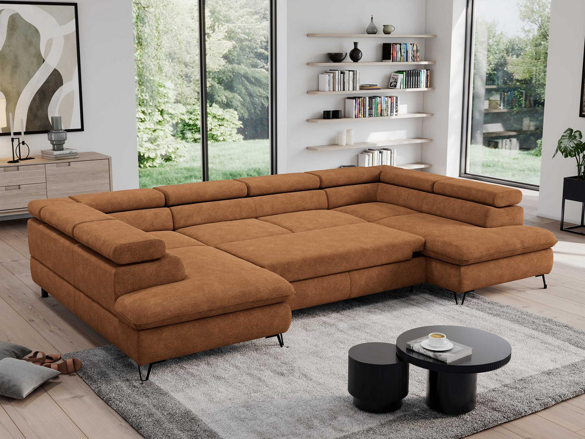 WOHNLANDSCHAFT PEDRO U Struktur Orange - Schwarz/Orange, Textil/Metall (346/76/208cm) - MKS