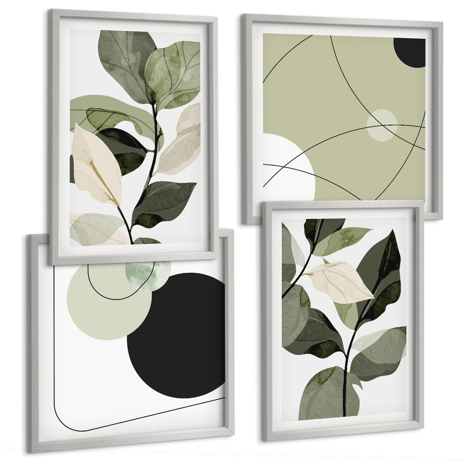 BILDER SET 4er Set - 50x50 cm & 40x60 cm Silberner Rahmen - Abstrakte Darstellung gemalter Blätter - Silberfarben, Kunststoff (50/50cm) - TULUP