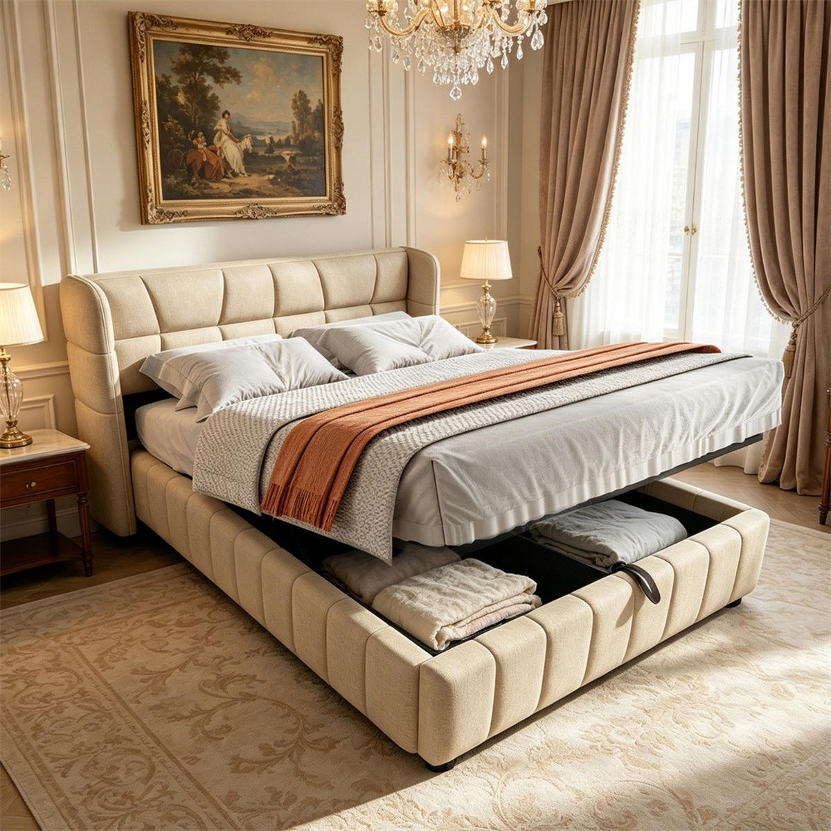 POLSTERBETT 140x200 cm mit hydraulischem Stauraum & Gepolstertes Kopfteil - ohne Matratze - Leinen - Beige - Beige, Textil (140/200cm) - DELFA