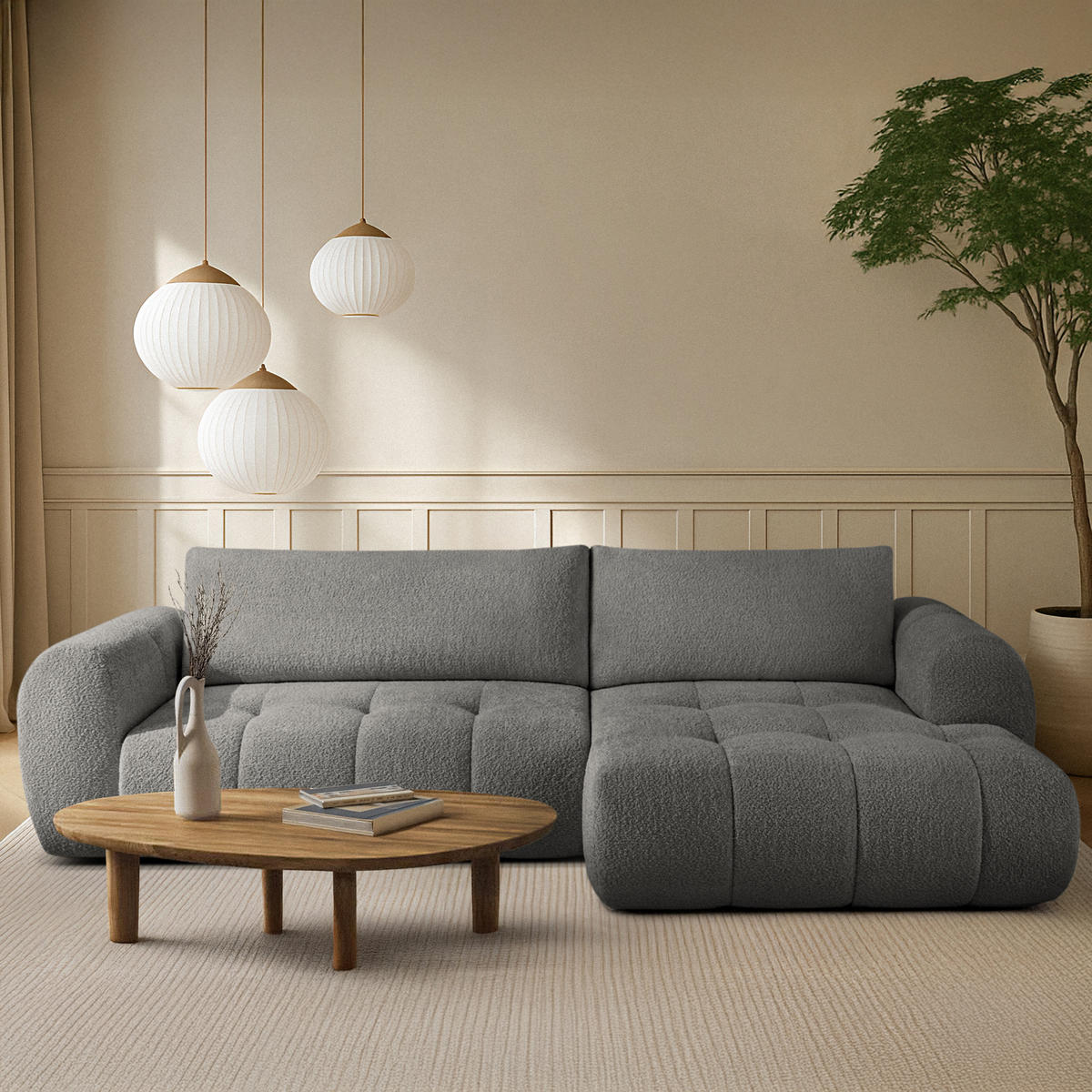 ECKSOFA RECHTS LIRA, Dunkelgrau, Bouclé - Dunkelgrau, Holz/Holzwerkstoff (295/112cm) - KONSIMO®