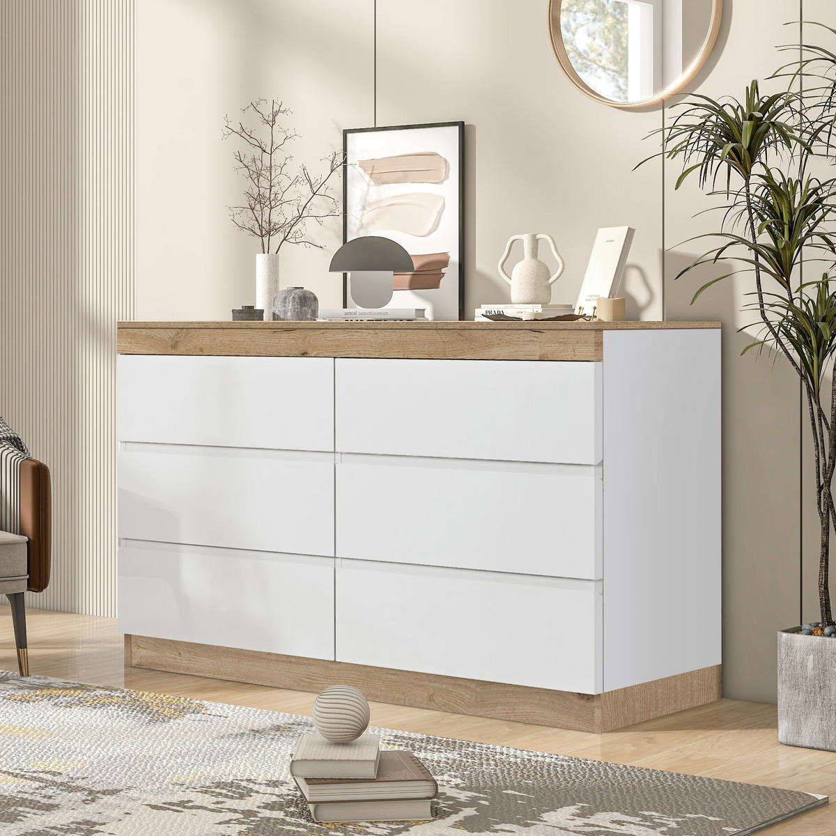 SIDEBOARD in Weiß und Eiche Kommode mit 6 Schubladen und Schließfach für Schlafzimmer und Wohnzimmer, B110/T40/H67.5cm - Eichefarben/Weiß, Holzwerkstoff/Metall (110/67.5/40cm) - STILVORA