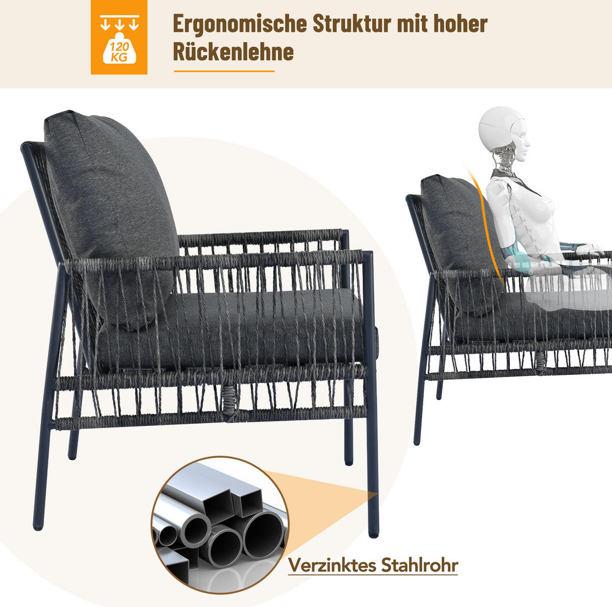 LOUNGE-SET 173/54/77 cm grau aus PE-Rattan mit Tisch und waschbaren Kissen - Grau, Metall - OKWISH