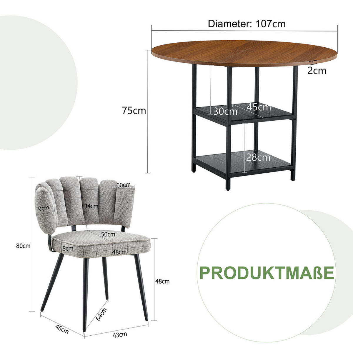 TISCHGRUPPE 3-tlg 107cm mit 2 Grauen Stoffstühlen - Grau, Metall (62.5/49/70cm) - Raelunyi