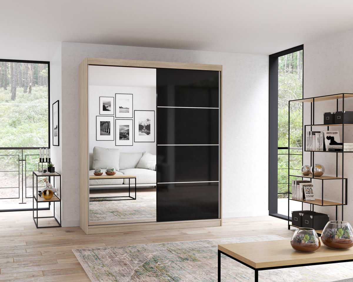 SCHIEBETÜRENSCHRANK - BEN 31 183 CM (Sonoma + Schwarz) - Schwarz/Sonoma Eiche, Holzwerkstoff/Metall (183/218/61cm) - Möblo