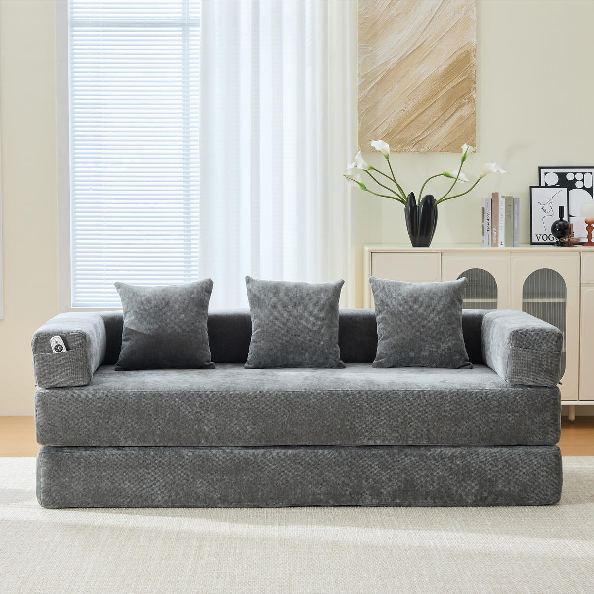 SCHLAFSOFA 198/79/60 cm Dunkelgrau mit Aufbewahrungstaschen - Dunkelgrau, Textil (198/60/79cm) - Oxeza