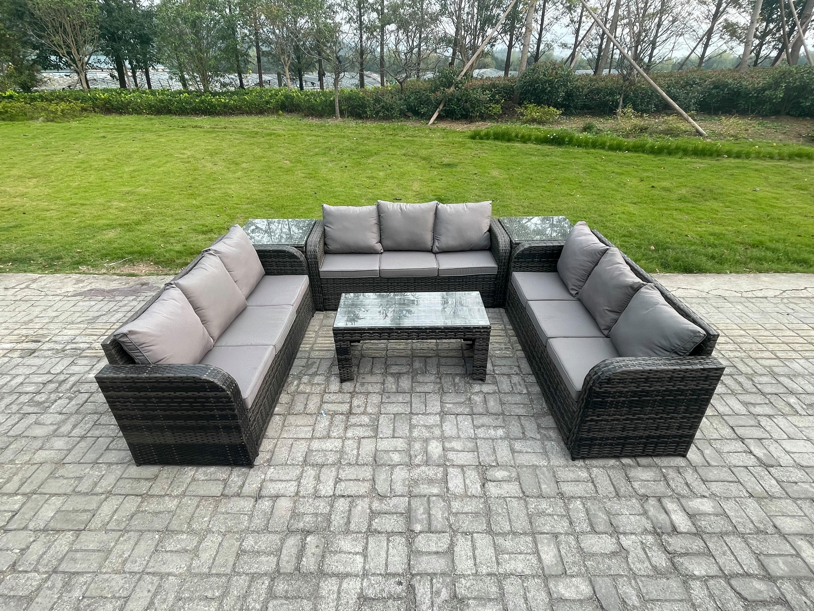 GARTENSOFA SET mit rechteckigem COUCHTISCH Polyrattan 9-Sitzer Dunkelgrau - Dunkelgrau/Grau, Glas/Kunststoff - Fimous