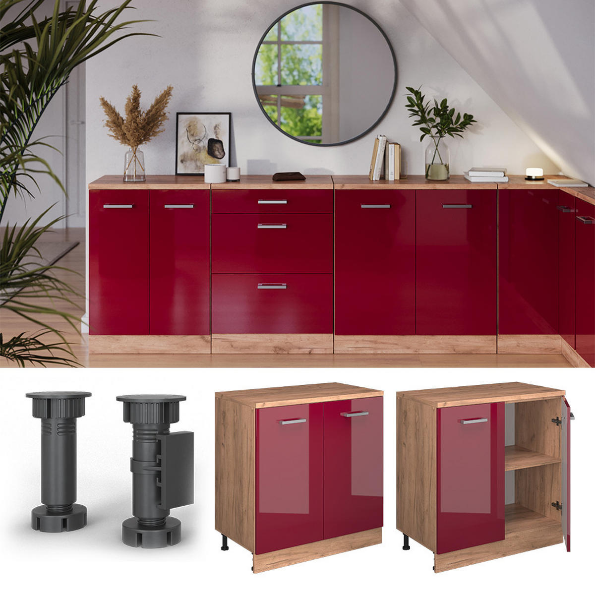 ORMAR ZA POTKROVLJE Rion Crveni visoki sjaj 80 x 81.6 cm bez kosine s 2 vrata - hrast medunac/crvena, drvni materijal (80/83.8/46cm) - Vicco