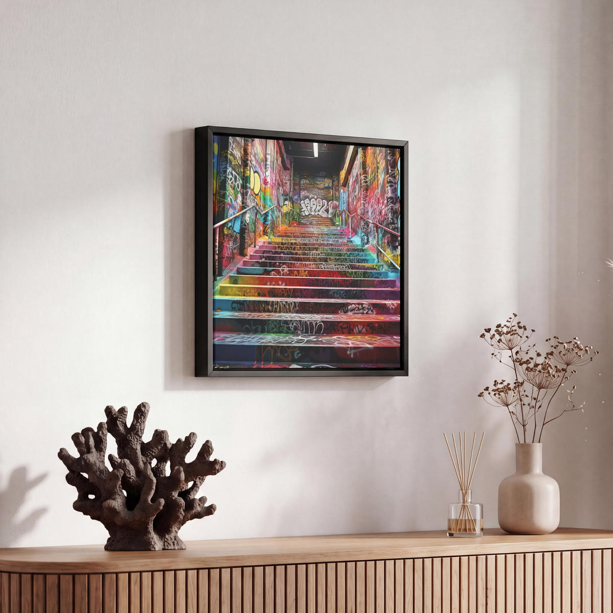 LEINWAND Bilder mit Rahmen - Treppe - Graffiti - Farben - Kunst - 20x20 - Multicolor, Textil (20/20cm) - MuchoWow