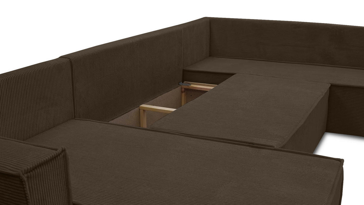 WOHNLANDSCHAFT Lovere U Braun 314/217/90 cm – mit Schlaffunktion und Bettkasten - Silberfarben/Braun, Textil/Metall (314/90/217cm) - AX Living