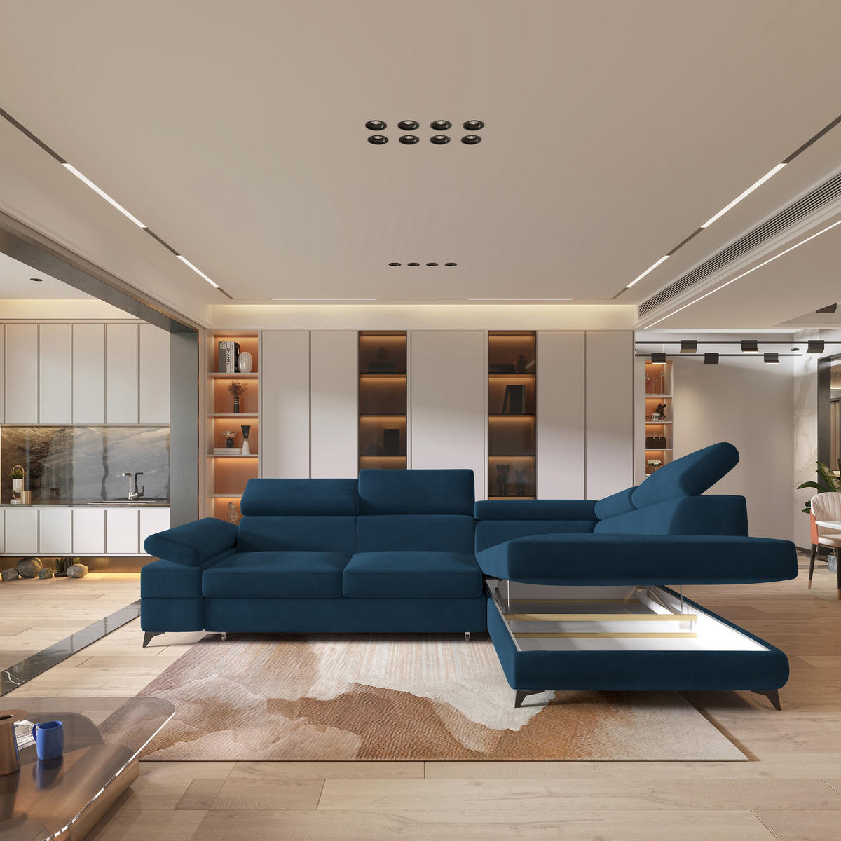 ECKSOFA FAVIEN R-S Blau Velours-Stoff mit Schlaffunktion - Blau, Holz (257/190cm) - MASSENO