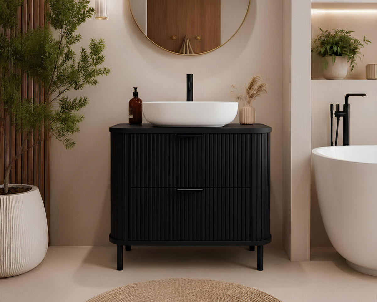 BADEZIMMERSCHRANK : Farbe Schwarz, Griff schwarz, Füße schwarz, 80 x 41,5 x 66,7 cm - Schwarz, Holzwerkstoff (80/66.7/41.5cm) - 3XE LIVING