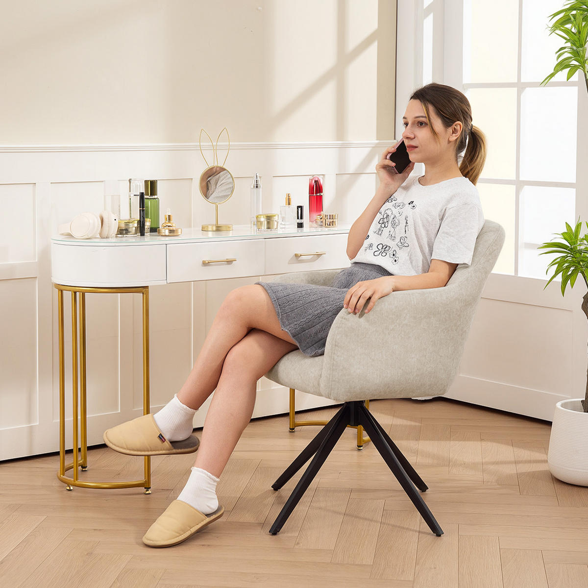 SESSEL Wohnzimmer Drehbar Loungesessel Gepolsterter Getufteter Relaxsessel Beige - Beige, Kunststoff (56/86/63cm) - HOMCOM