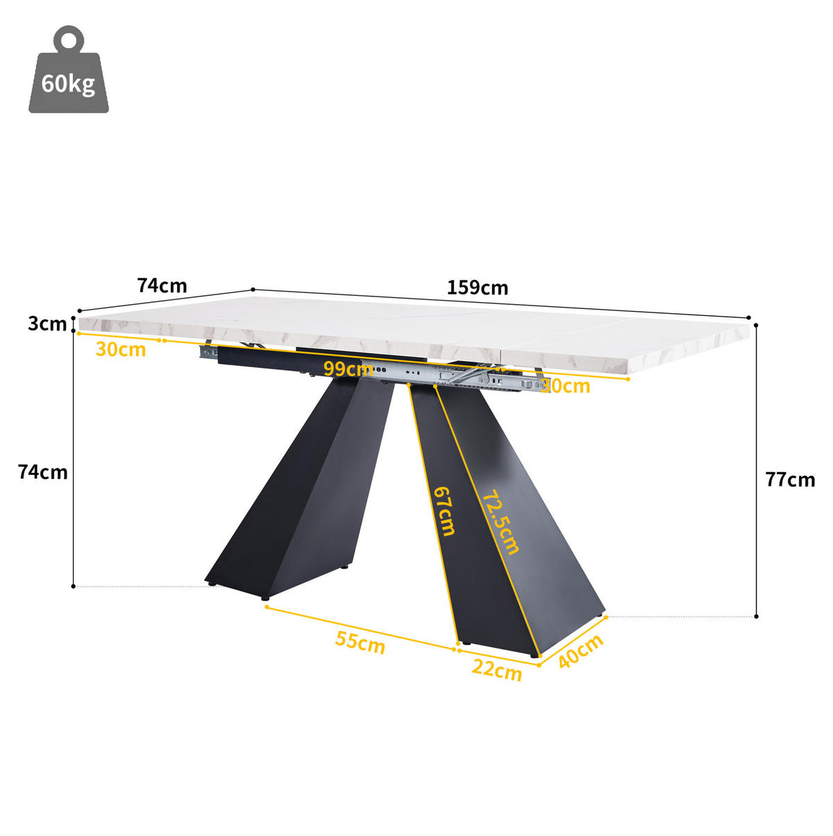 ESSTISCH aus MDF 99-159x74x77 cm Weiß ausziehbar mit Marmoroptik und Metallgestell - Weiß, Holzwerkstoff (159/74/77cm) - Modfu